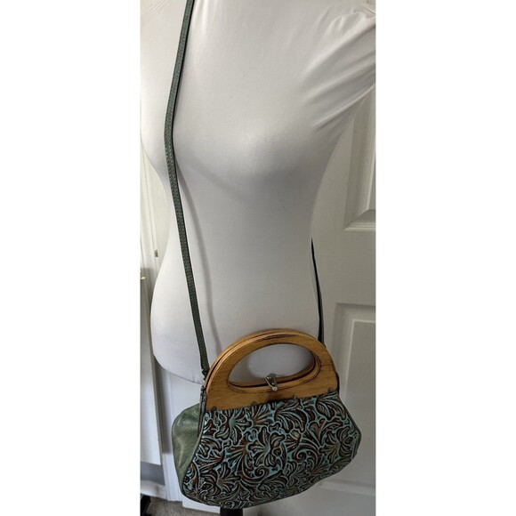 Patricia Nash Mirabella Turquoise Leather Wood Handle Purse Crossbody Floral Bag - Picture 1 of 13